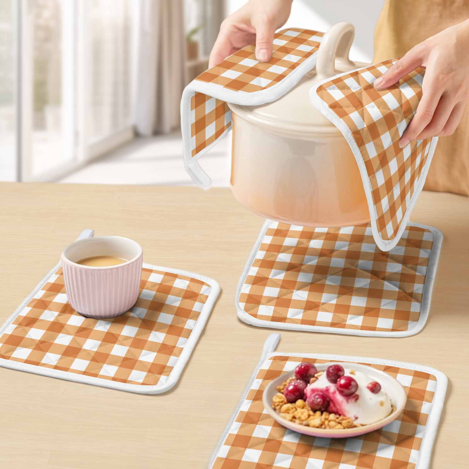 Orange Plaid Pot Holders for Kitchen Heatproof Potholder, 5 Pack Gradient Geometric Buffalo White Checkered Hot Pads Multipurpose Oven Pads Cloth Potholders Trivet for Cooking Baking