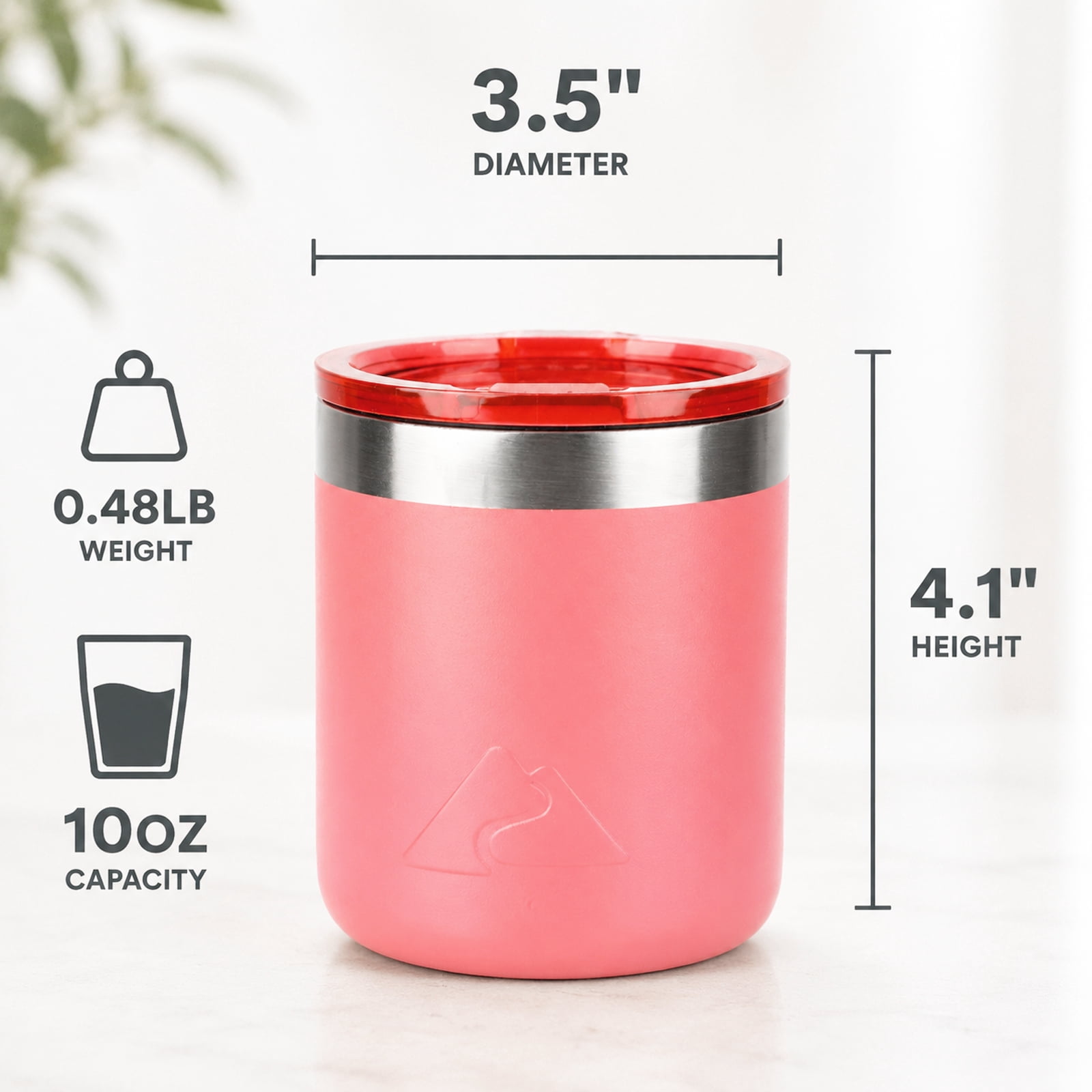 Ozark Trail 10oz Ceramic Lined Stainless Steel Lowball Tumbler with Magnetic Tritan Transparent Slider Lid, Coral