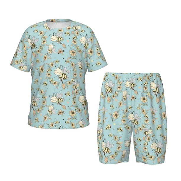 Balery Cute Honeybees Conjunto de Pijama Infantil de Manga Corta con Estampado – Ropa de Dormir de Algodón Suave-Large
