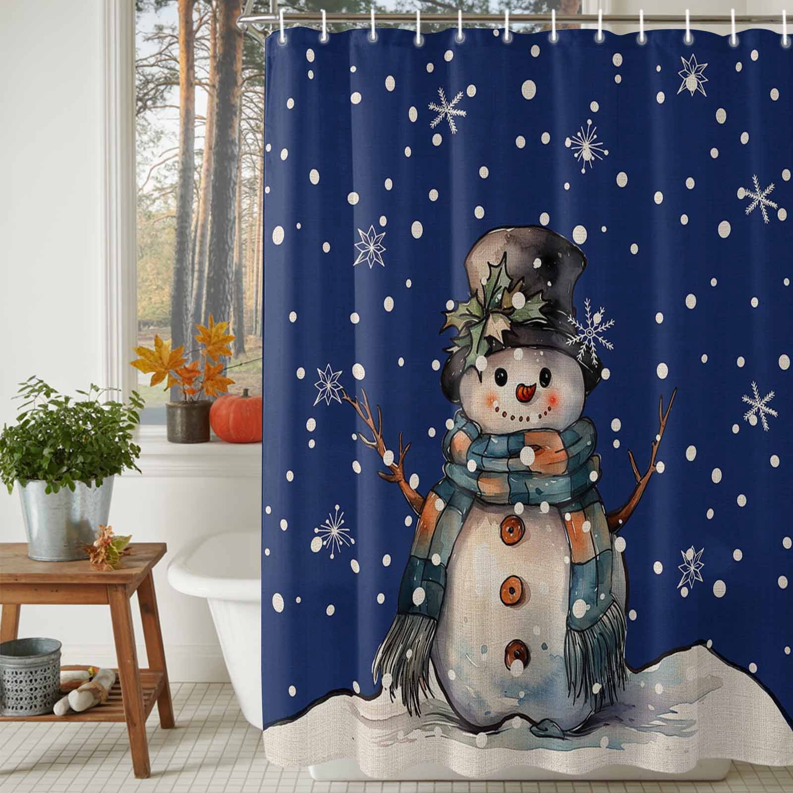 Shower Curtain Bathroom Set Merry Christmas Snowman Winter Snow Waterproof Fabric Shower Curtains with Grommets&Hooks Vintage Linen Navy Blue Privacy Bath Curtain for Bathtub 72x72in