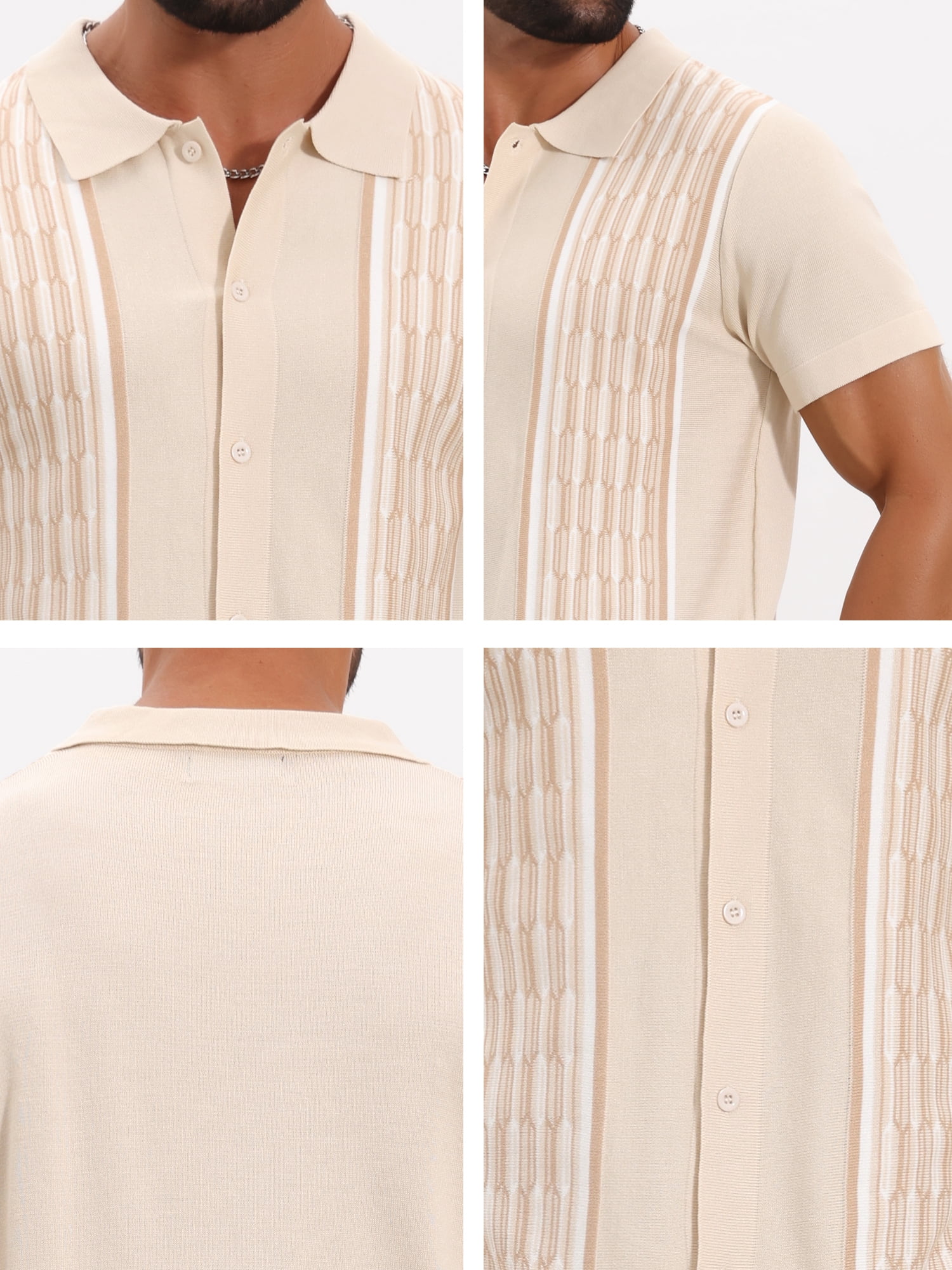 DARING DIVA Men's 2 Pieces Sets Summer Polo Shirt & Shorts Printed Knit Outfits L Beige