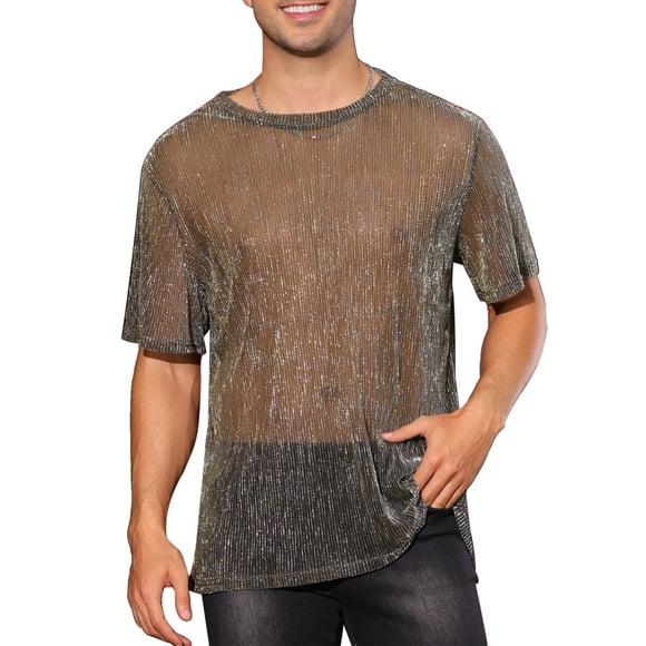 Glitter See Through Tee for Men's Short Sleeves Party Clubwear Metallic Shiny Mesh Sheer T-Shirt L Golden