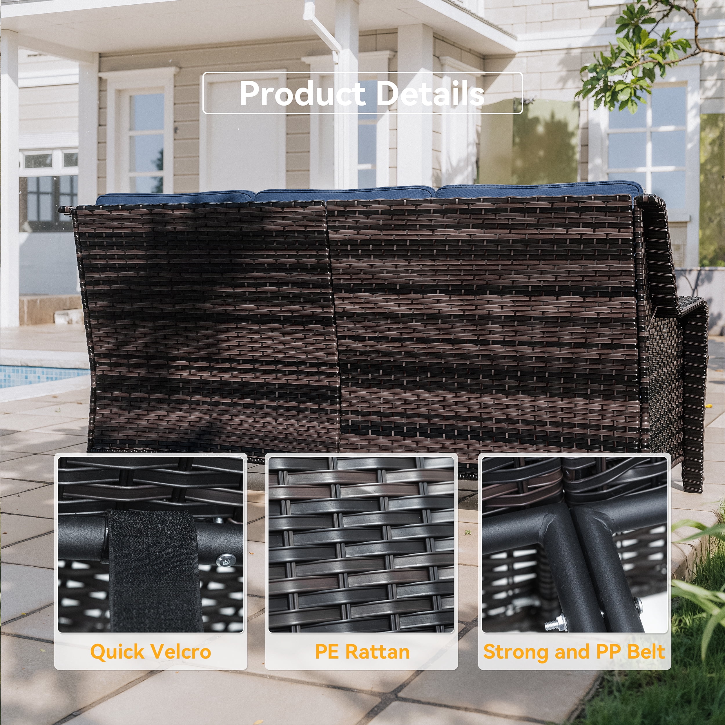 Gotland 3-Piece Outdoor Patio Furniture Set, Thickened Wicker Swivel Chairs & Side Table, All-Weather Outdoor Conversation Set for Backyard, Porch, Balcony and Deck, Navy Blue