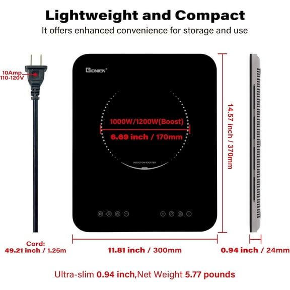 Portable Induction Cooktop 1200W,Single Hot Plate Countertop Burner 110~120V,Sensor Touch Electric Cooker,10 Power,0.94”Ultra Thin,6.” Heating Coils,Child Safety Lock,Timer