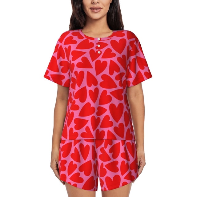 Balery Heart Conjunto de Pijama para Mujer con Estampado, Dos Piezas de Manga Corta y Shorts, Ropa de Dormir Suave con Cuello Redondo y Bolsillos-Small