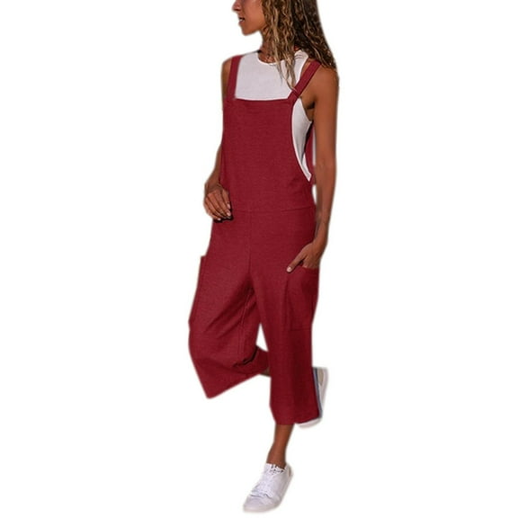UAMVSH Bib Overalls for Women Plus Size Wide Strap Sleeveless Cotton Linen Jumpsuit with Pockets Soft Summer Beach Party Rompers(X-Large,Red)