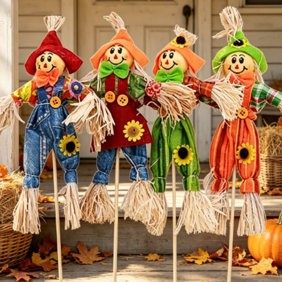 4 Pcs Halloween Scarecrow Decoration Outdoor Fall Harvest Scarecrow Decor Standing Scarecrow Decorations for Autumn Halloween Garden Yard Porch Thanksgiving Decor 13.4in
