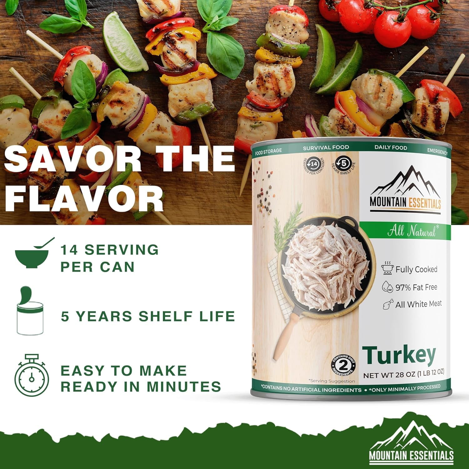 5 Cans - Mountain Essentials Canned Meat Sampler Pack 28 Oz Chicken, Turkey, Pork, Beef, Ground Beef Fully Cooked Ready to Eat Canned Meat Perfect for Camping Home Meals Emergency Food 1 Can Each