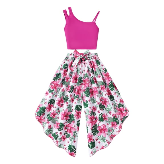 Pandaie 8-12Y Girls Clothes Summer 2 Piece Outfits One Shoulder Sleeveless Tank Crop Top Flower Flare Casual Pants Beach Clothing Set Hot Pink 10Y(9-10 Years)