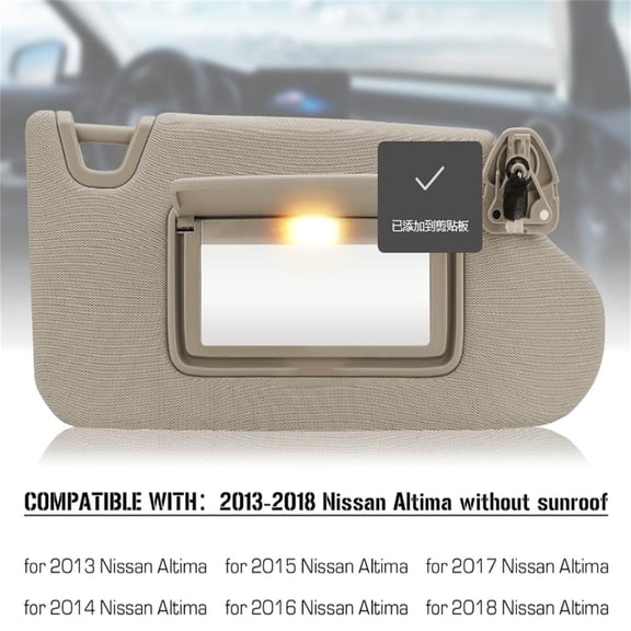 Left & Right Sun Visor with Vanity Light for 2013-2018 Nissan Altima Without Sunroof, Driver & Passenger Side Beige Sunvisor Replacement 96400-3TA2A 96401-3TA2A