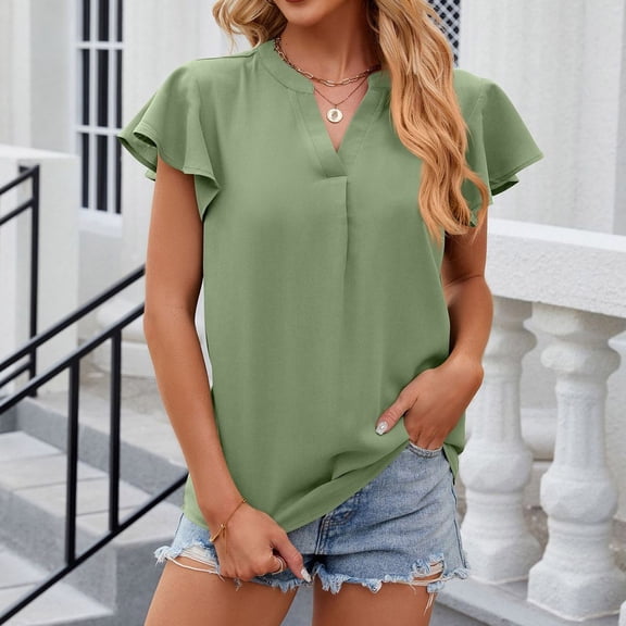 Sakmal Tops Green Short Sleeve Solid V-Neck Bat Sleeve T-Shirts T Shirts for Women