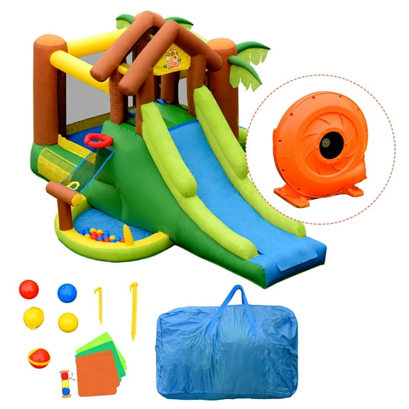 Gymax Inflatable Bounce House Jungle Jumping Bouncer Double Slides Park w/ Blower
