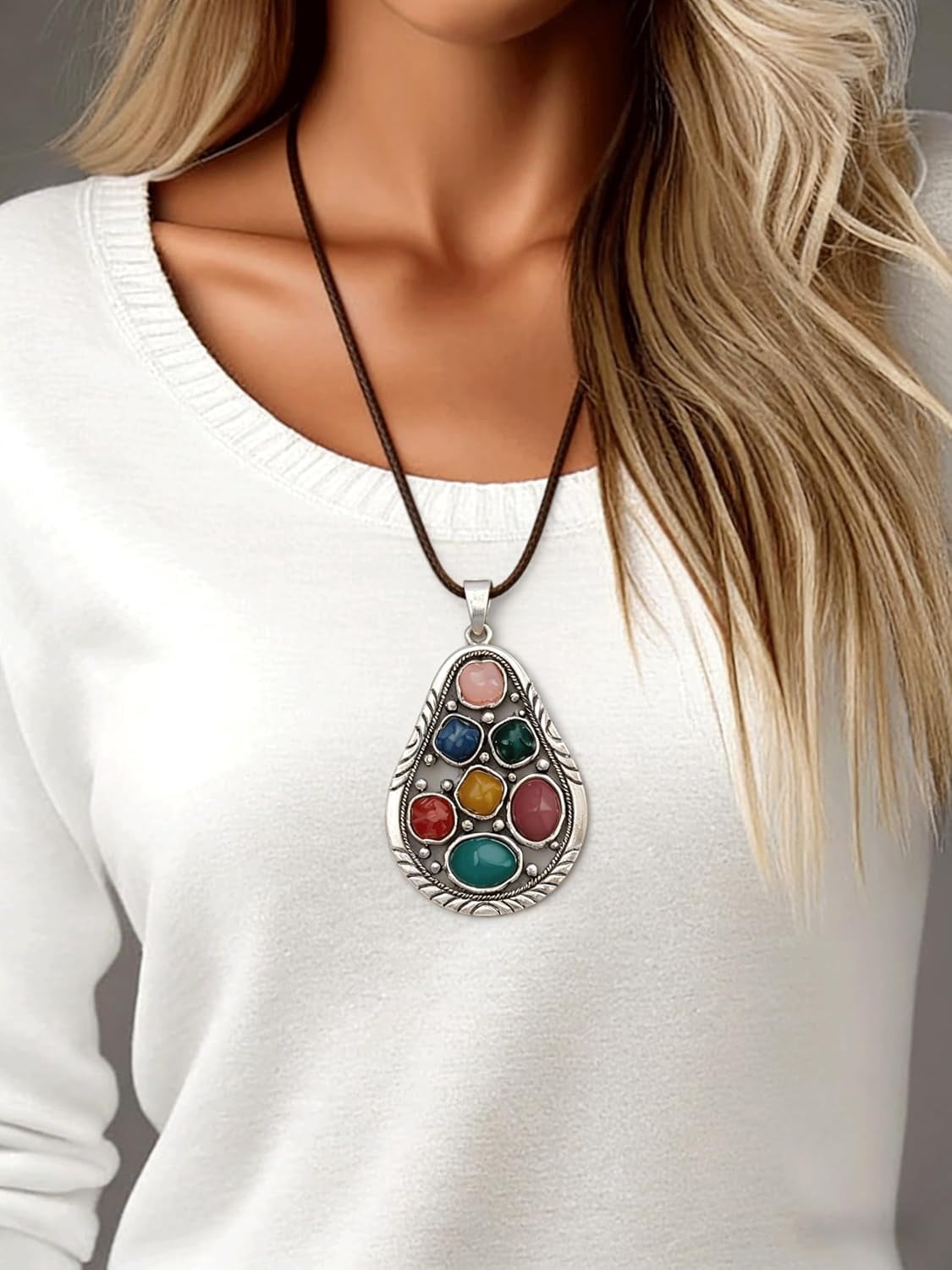 Vintage Leather Necklace for Women Men Handmade Boho Alloy Turquoise Wood Choker Pendant Necklaces with Long Adjustable Leather Cord[a3150]