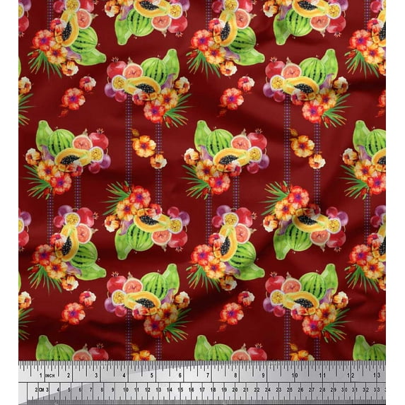 Soimoi Crepe Silk Fabric Flowers & Mix Fruits Printed Craft Fabric by The Yard 42 Inch Wide