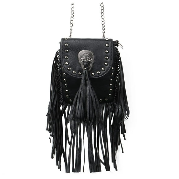 Leather Skull Fringe Purses for Women Black Tassel Shoulder Crossbody Bag Unique Gothic Punk Satchel Handbag