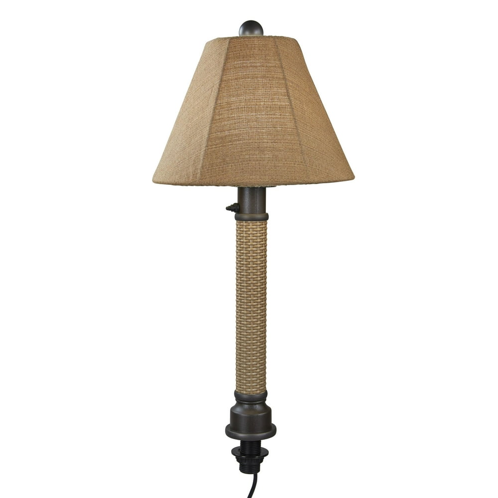 Umbrella Table Lamp With 2" Wicker And Tube Body, Linen Sunbrella Shade