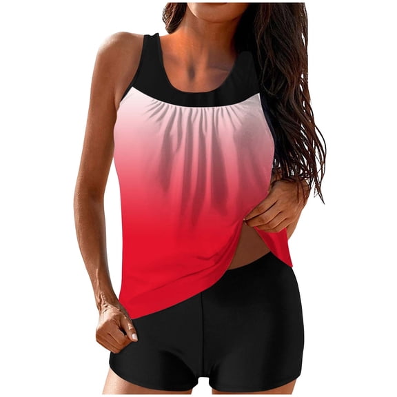 Husipze Womens Swimsuits High-Waisted Two Piece Bathing Suits Solid Color Blouson Tankini Swimwear with Shorts Red S