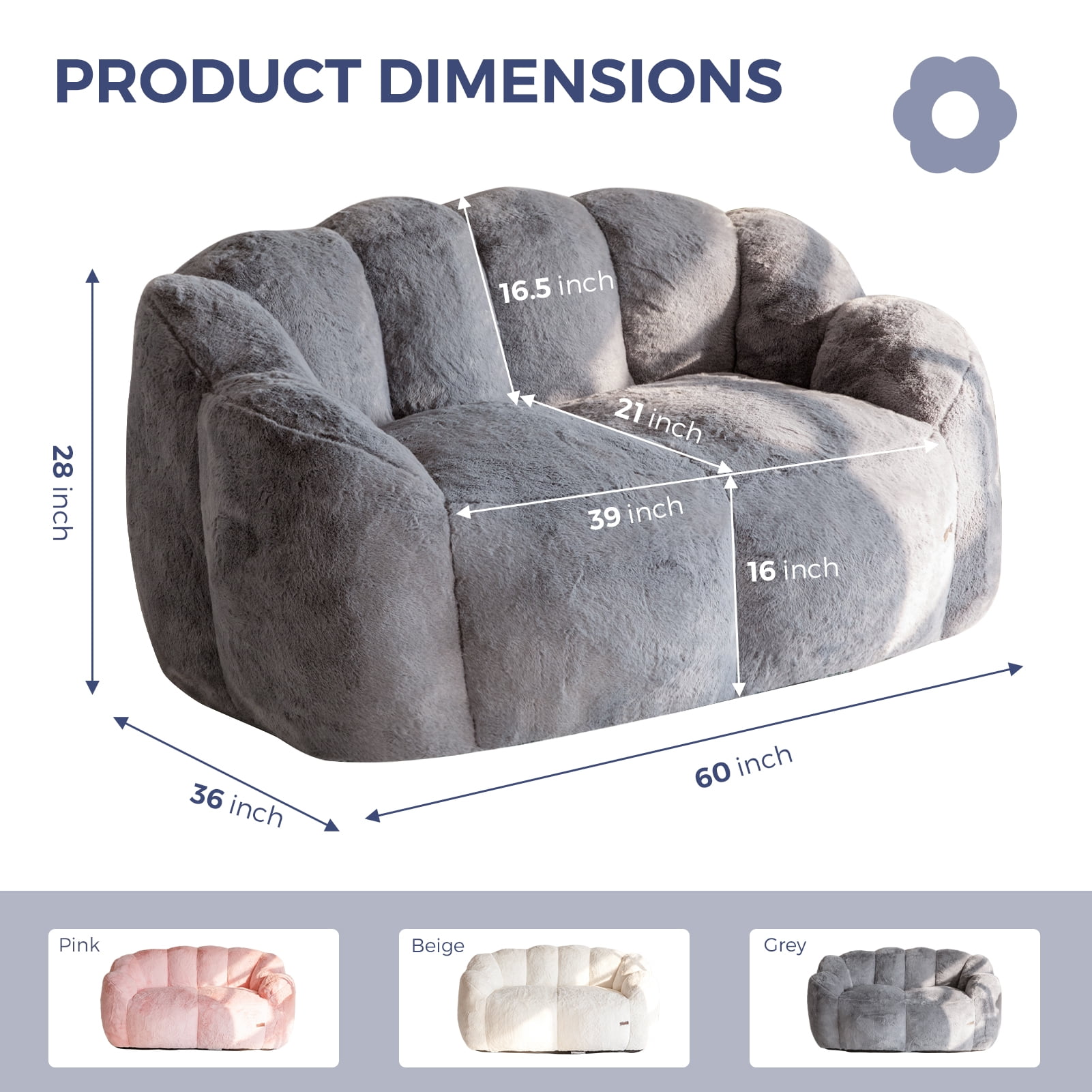 GOODONE Adult Bean Bag Chair,Flower Shaped Bean Bag Sofa,Super Soft Plush Reading Chair,High Elasticity Lazy Sofa,Suitable for Living Room and Bedroom,No Assembly Required,DGrey,Double