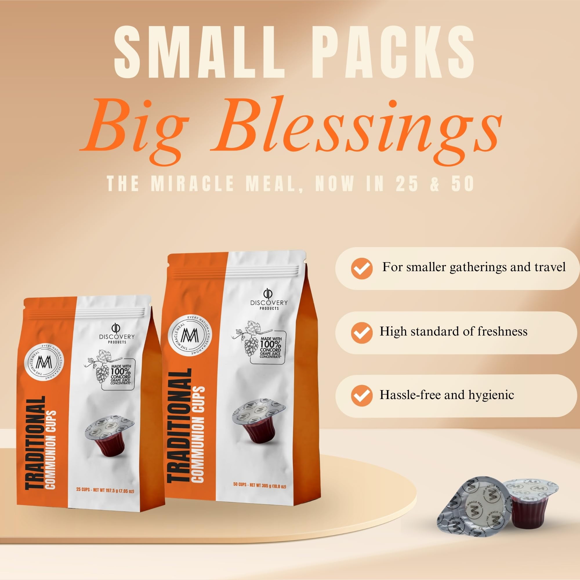 Discovery Products Travel Pack - Pre-Filled Traditional Communion Cup - Bag of 50 with Wafer and 100% Concord Grape Juice