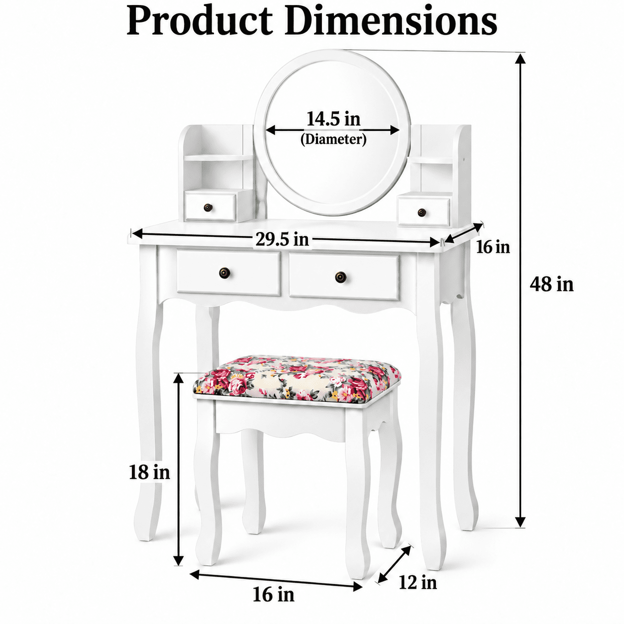 Furnibear Makeup Vanity Table Set Girls Dressing Table with 360-Degree Round Mirror 4 Drawers Cushioned Stool, White