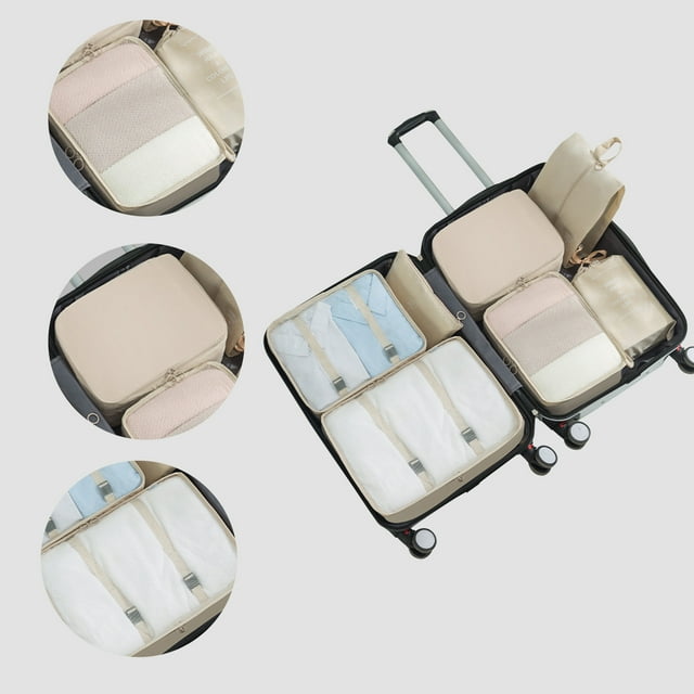 Fiudx Organizador de Equipaje de Viaje, Juego de 7 Piezas con Bolsa para Zapatos, Bolsa para La Colada y Bolsas de Malla para Ropa. Diseño Compacto y Ligero, Ahorra Espacio y Es Fácil de Empacar. Bei