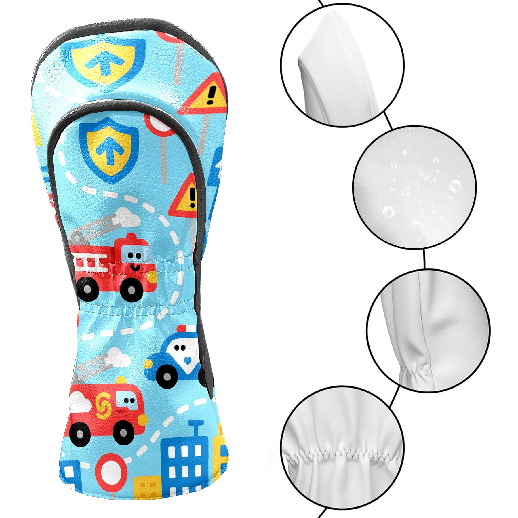 Golf Club Covers, Firefighter Police Car Blue Premium PU Leather Driver Hybrid Putter Head Covers with Velvet Lining, Waterproof Golf Gifts for Men Women