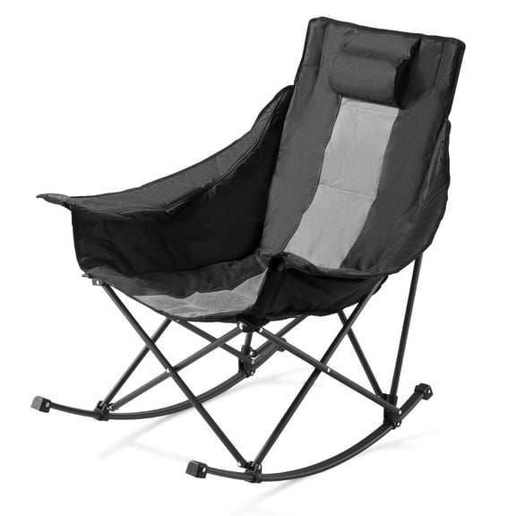 VEVOR Rocking Camping Chair, Portable Folding Rocker, Heavy-Duty Lawn Chair Recliner with Cupholder & Pocket, Supports 225lbs, Fully Padded Camp Chairs for Outdoor Patio Backyard  Garden