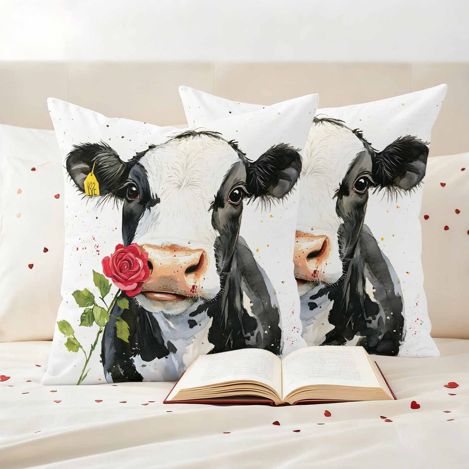 Black White Cow Outdoor Waterproof Pillow Covers, Spring Farmhouse Animals Printed Red Floral Decorative Square Throw Pillowcase Sofa Cushion Sham for Patio/Couch/Chair, 26"x26" 2 Pack