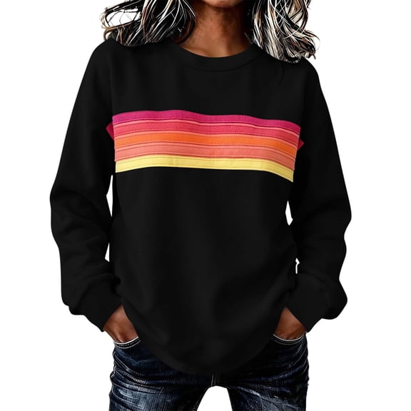 Binmer Women’s Rainbow Stripe Print Crew Neck Long Sleeve Sweatshirt, Loose Casual Pullover Top ,Sizes S-2XL