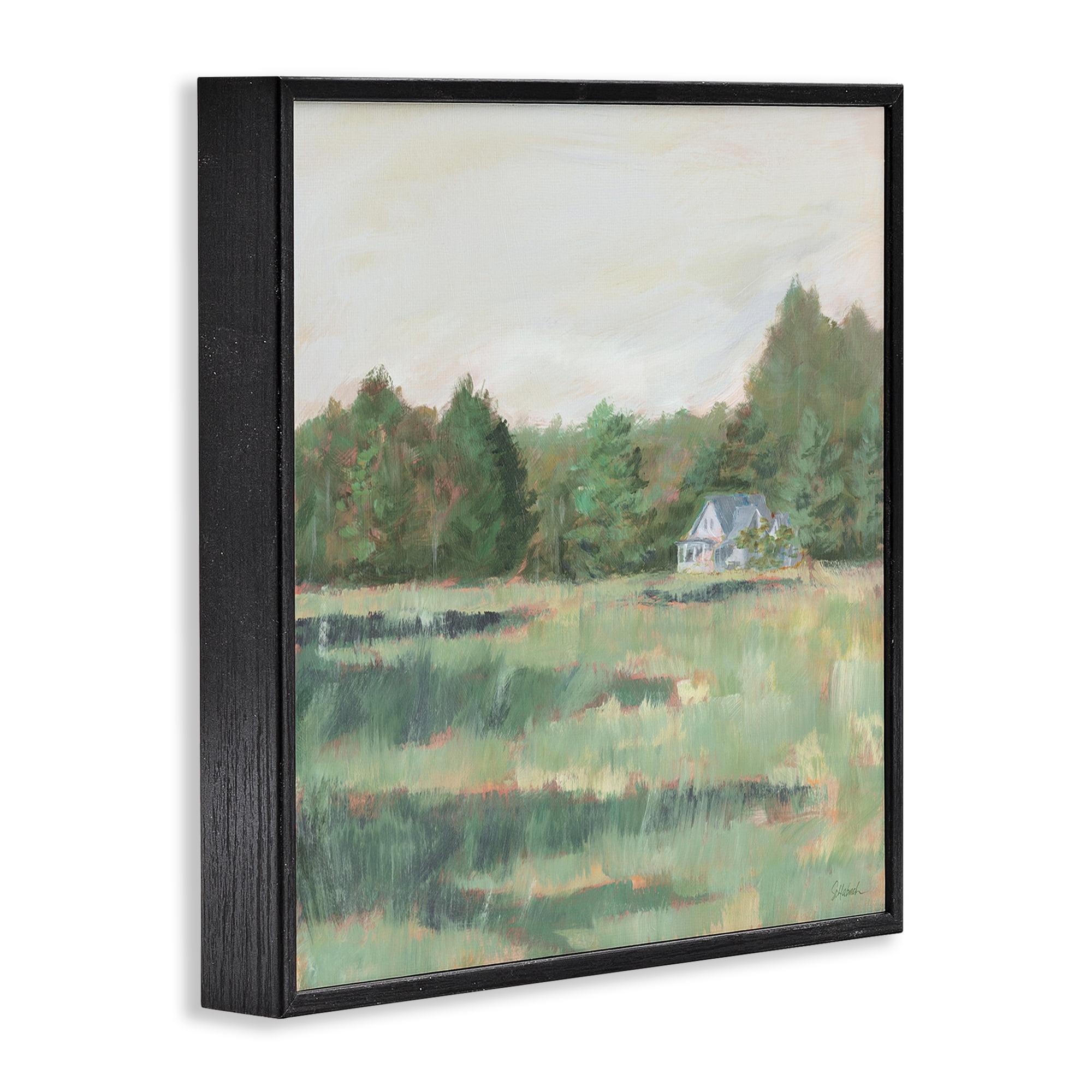 Stupell Industries Farmhouse Across Meadow Landscape Painting Black Framed Art Print Wall Art, 17 x 17