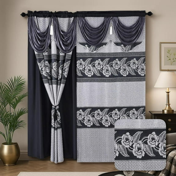 YHSF Jacquard Window Curtains for Living Room and Bedrooms - 54" W x 84" L 2-Panel Set Fancy Curtains with Valance Attached & 2 Tassle Tie Backs - Fancy Living Room Curtain with Valance - Black