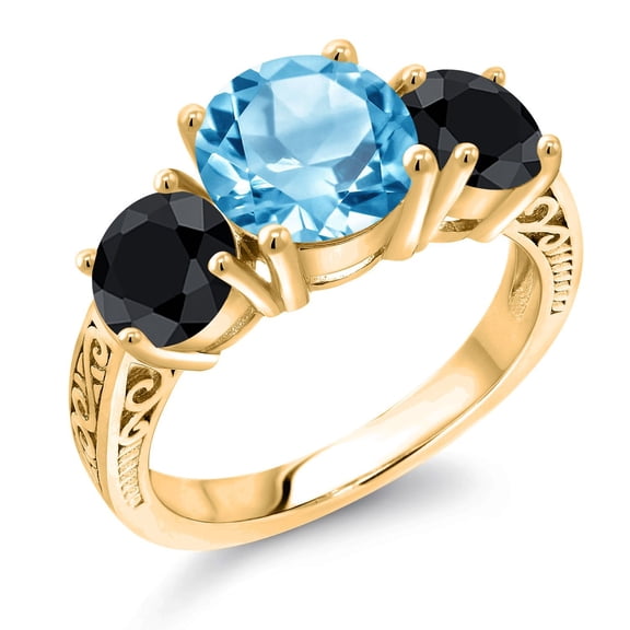 Gem Stone King 18K Yellow Gold Plated Silver Swiss Blue Topaz and Black Sapphire Engagement Ring for Women | 4.55 Cttw | Round 8MM | Gemstone November Birthstone | Size 5