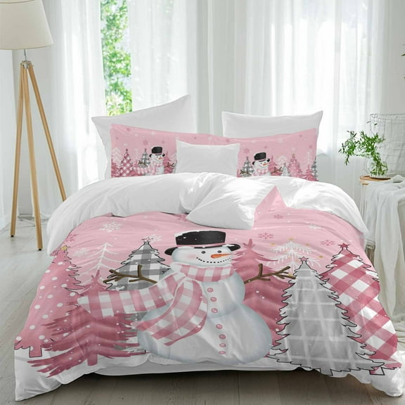 Pink Christmas Duvet Cover Set Queen Size, Snowman 4 Piece Soft Microfiber Bedding Set Holiday Bedding with Zipper Closure, 1 Comforter Cover, 1 Flat Sheet, 2 Pillowcases