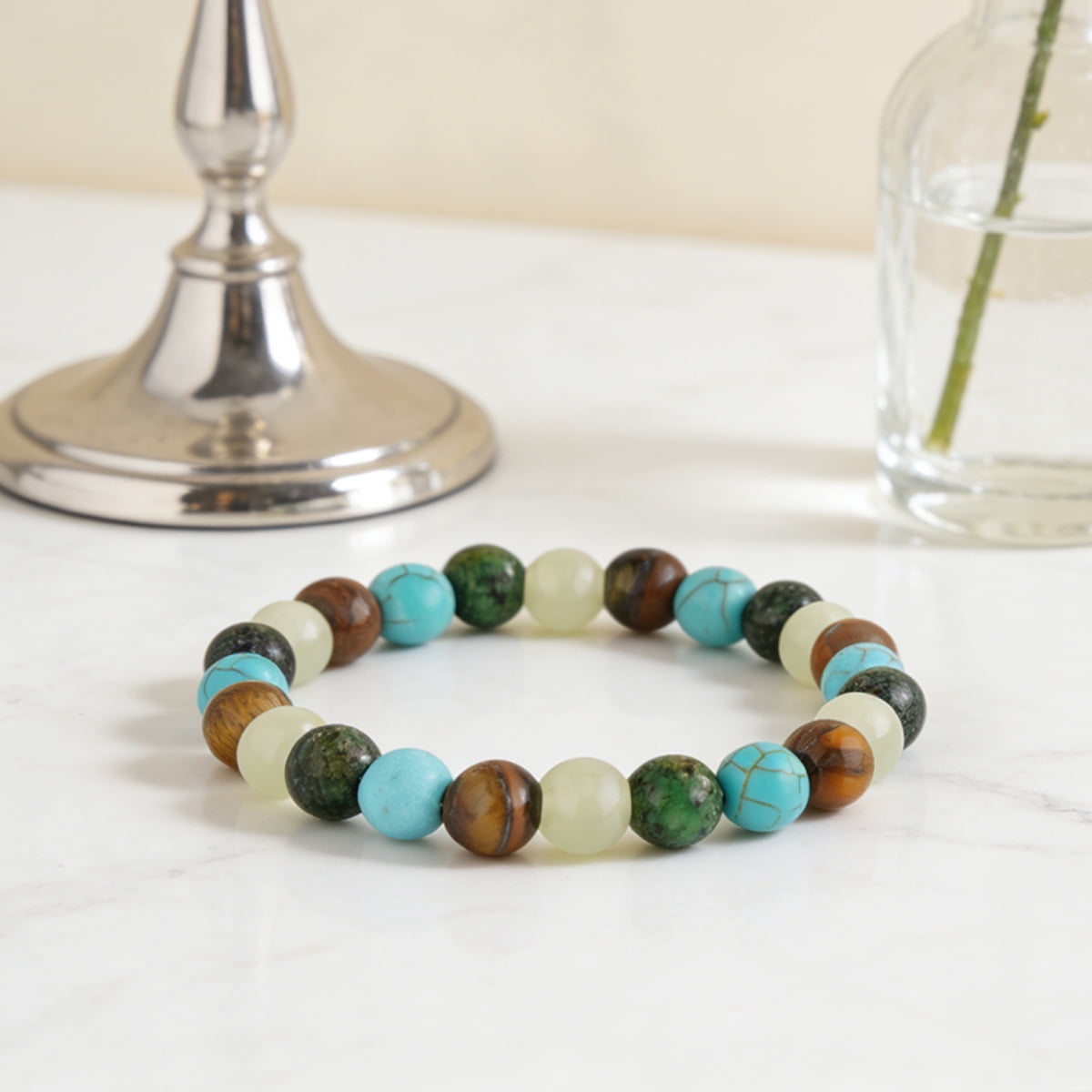 Multi-Color Natural Stone Beaded Bracelet for Women and Men, Turquoise Tiger Eye Jade Healing Energy Meditation Jewelry Gift