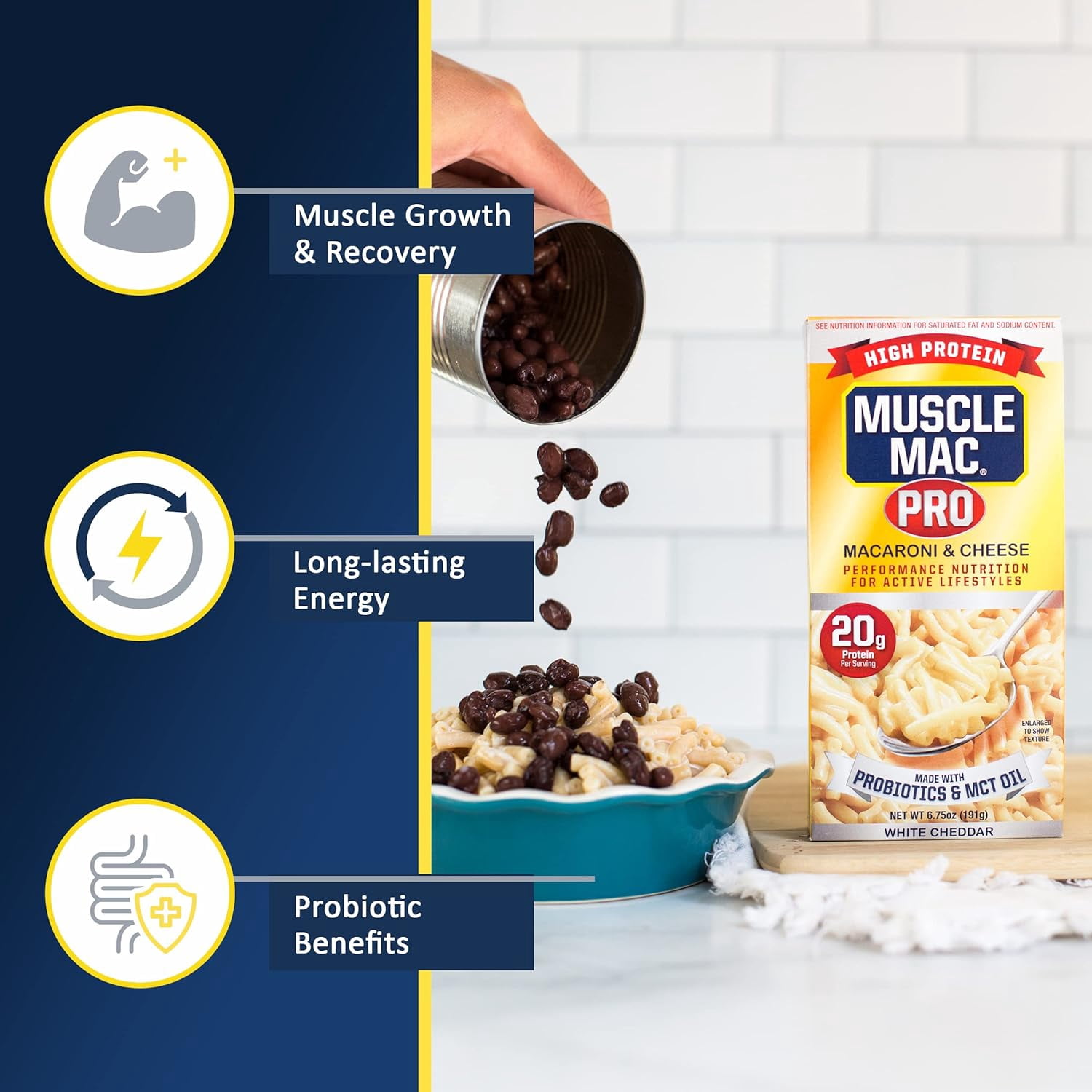 Muscle Mac PRO High Protein Macaroni & Cheese with MCT Oil & Probiotics, Real White Cheddar, 20g Protein per Serving