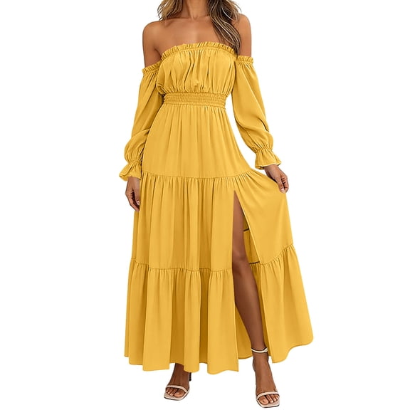 Eawtki Women's Off Shoulder Long Sleeve Maxi Dress Smocked Waist Tiered Ruffle Hem With Slit Casual Party Dress