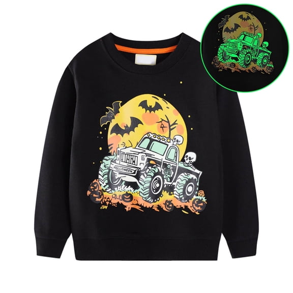 RUTAYY Boys Sweatshirt Crew Neck Long Sleeve Halloween Truck Pumpkin Bat Moon Graphic Print Kids Daily Pullover Tops Black