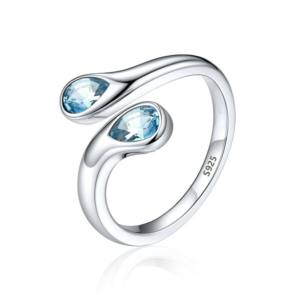 Silvora Sterling Silver Birthstone Rings for Women Pear Shaped Blue Aquamarine Open Ring Birthday Christmas Jewelry Gift for Wife Mother Girlfriend, March