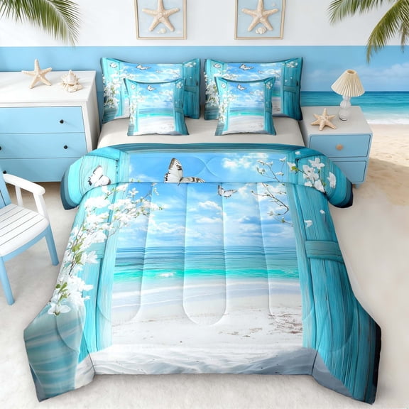 Manfei Blue Sea Beach Twin Bedding Sets for Kids Boys and Girls, Coastal Fantasy Print Bedding Comforter Set, Gray Reversible 7-Piece