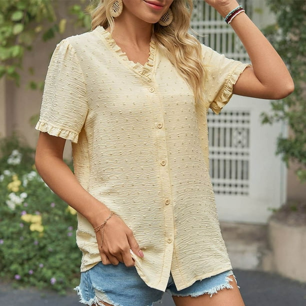 Fiudx Ofertas Flash Del Día Camiseta de Manga Corta de Gasa con Cuello En V y Manga de Encaje a La Moda para Mujer
