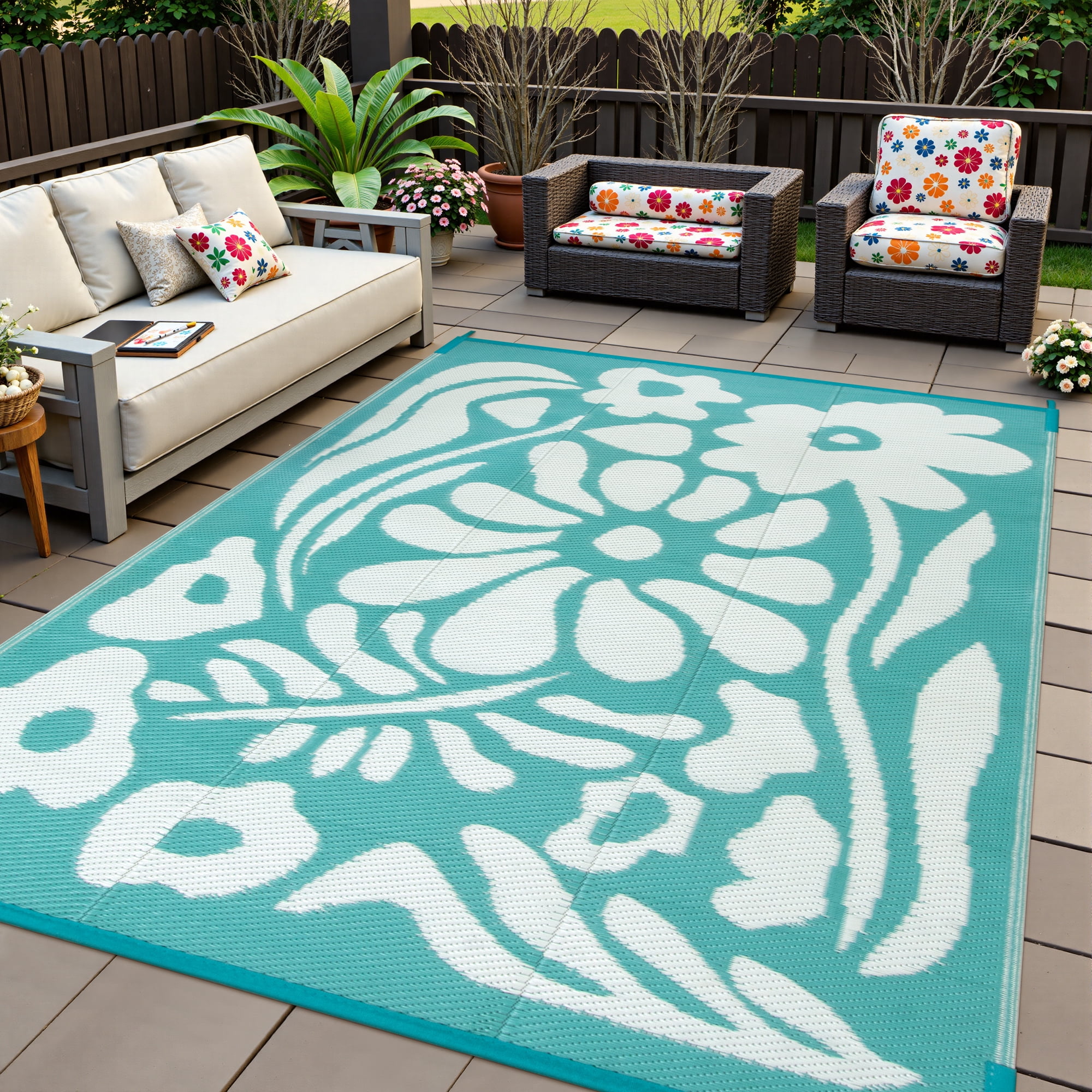 Wonnitar 6x9 Outdoor Rug Waterproof, Plastic Straw RV Rugs for Outside, Large Portable RV Outdoor Carpet，Blue Floral Rug for Picnic Garden Patio