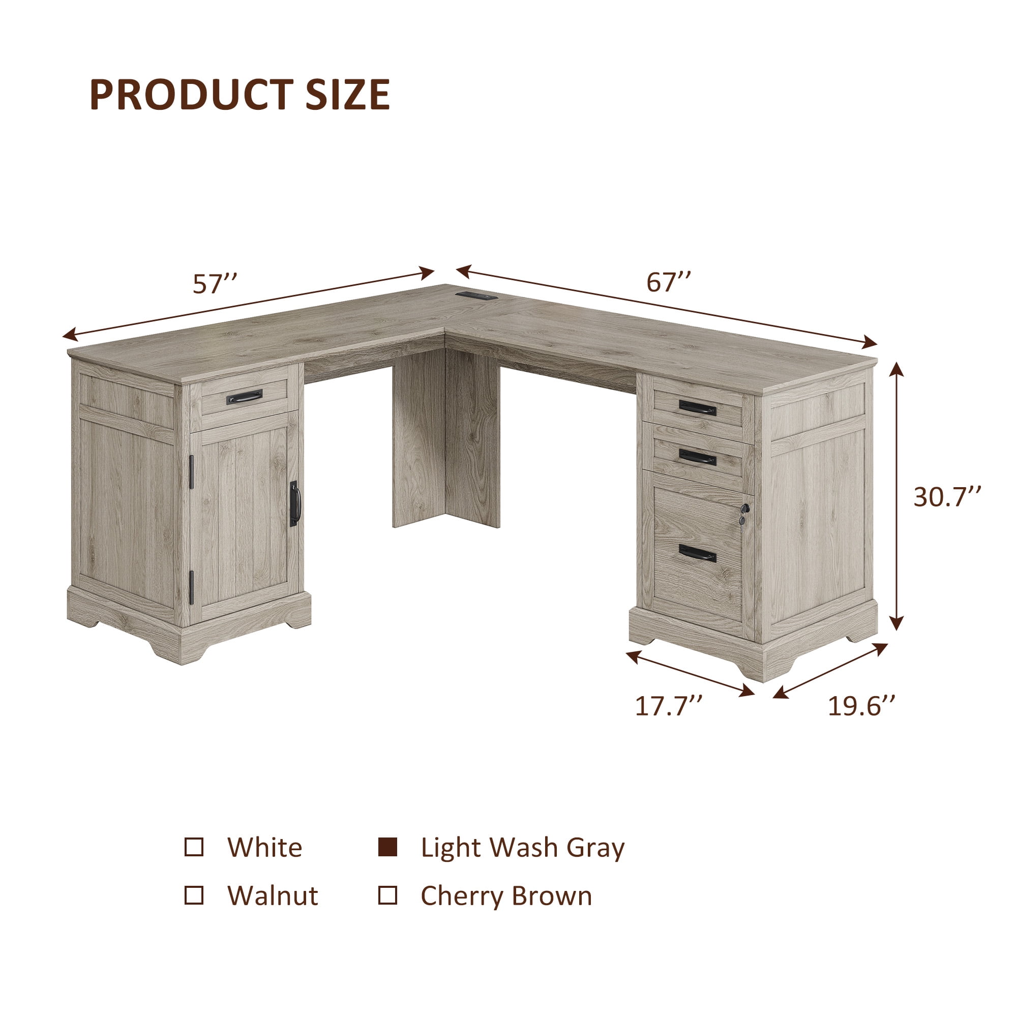 67'' Farmhouse L Shape Desk with File Drawers and Charging Station for Home Office, Light Wash Gray