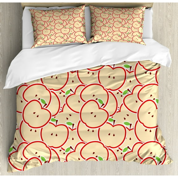 Apple King Size Duvet Cover Set, Healthy Refreshing Fruit from Orchard Abstract Cartoon Drawing Organic, Decorative 3 Piece Bedding Set with 2 Pillow Shams, Apple Green Beige Red, by Ambesonne
