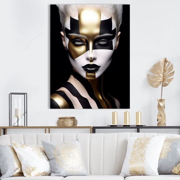 Designart "Glamorous Elegance in Gold & Black Woman I" Abstract Canvas Wall Art - Modern Gold Abstract Portraits Bedroom Canvas Wall Art