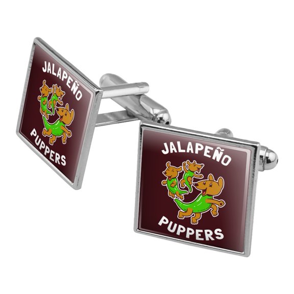 Jalapeno Puppers Puppy Dog Poppers Funny Humor Square Cufflink Set - Silver or Gold