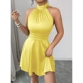 thumbnail image 5 of Vibrant Yellow Satin Halter Neck Backless Mini Dress With Flared Skirt For Parties And Formal Events, 5 of 7