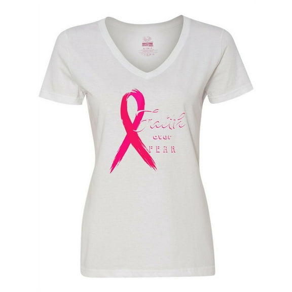 Inktastic Faith over Fear Breast Cancer Awareness with Pink Ribbon Women's V-Neck T-Shirt