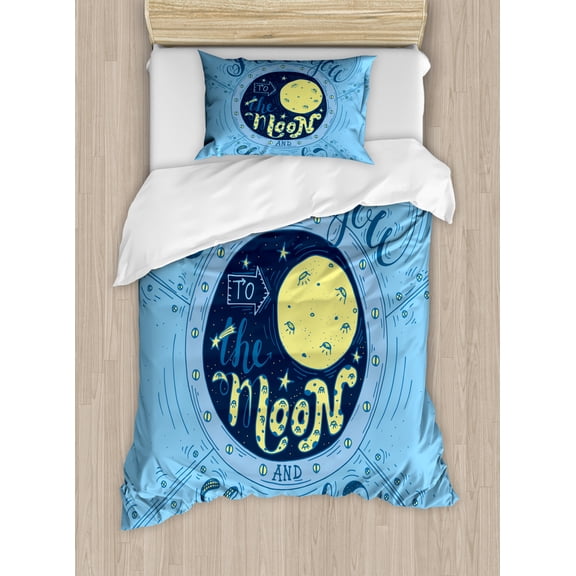 I Love You Duvet Cover Set Twin Size, Astronomy Space Map Style Themed Love Words Philosophy Partners Cartoon, Decorative 2 Piece Bedding Set with 1 Pillow Sham, Night Blue Yellow, by Ambesonne