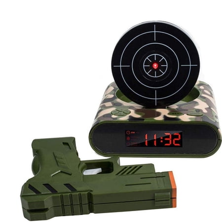 Target Alarm Clock with Gun, Large LED Digital Display Desk Timer, Customizable Voice Recording Morning Routine Trainer, Unique Birthday Gadget Gift for Boys Girls (Green)