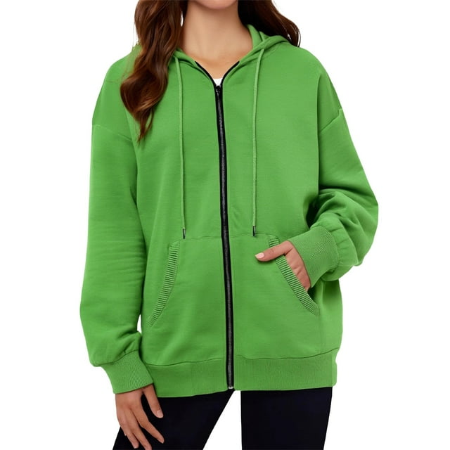 Pocket Long Sleeve Hooded Threaded Sweater Ladies Zipper Top